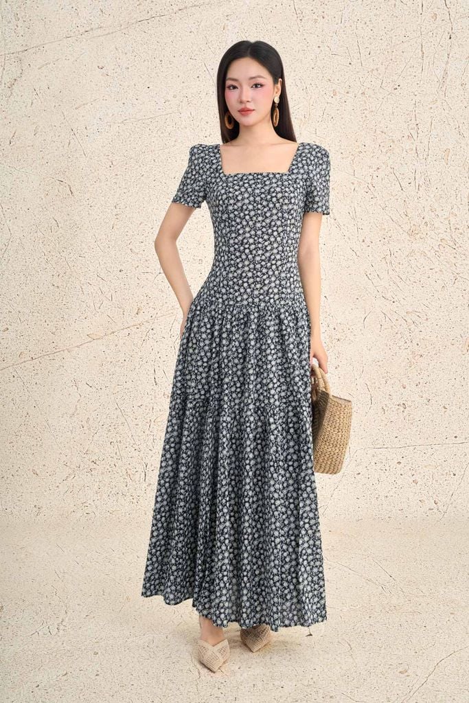 FDP13468 - Đầm dạo phố vải thô boi dáng ôm cổ vuông tay bồng nhẹ eo bo chun ôm thời trang - PANTIO