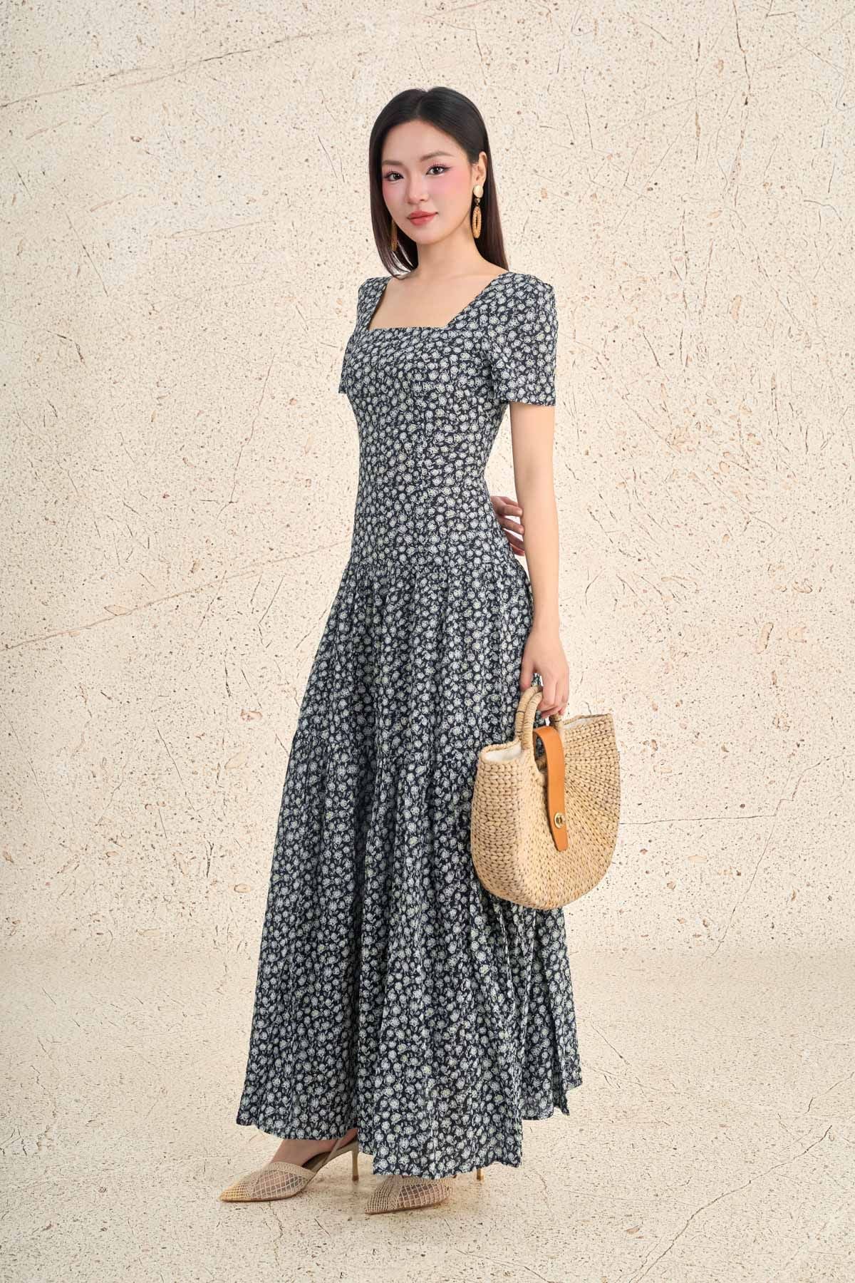 FDP13468 - Đầm dạo phố vải thô boi dáng ôm cổ vuông tay bồng nhẹ eo bo chun ôm thời trang - PANTIO