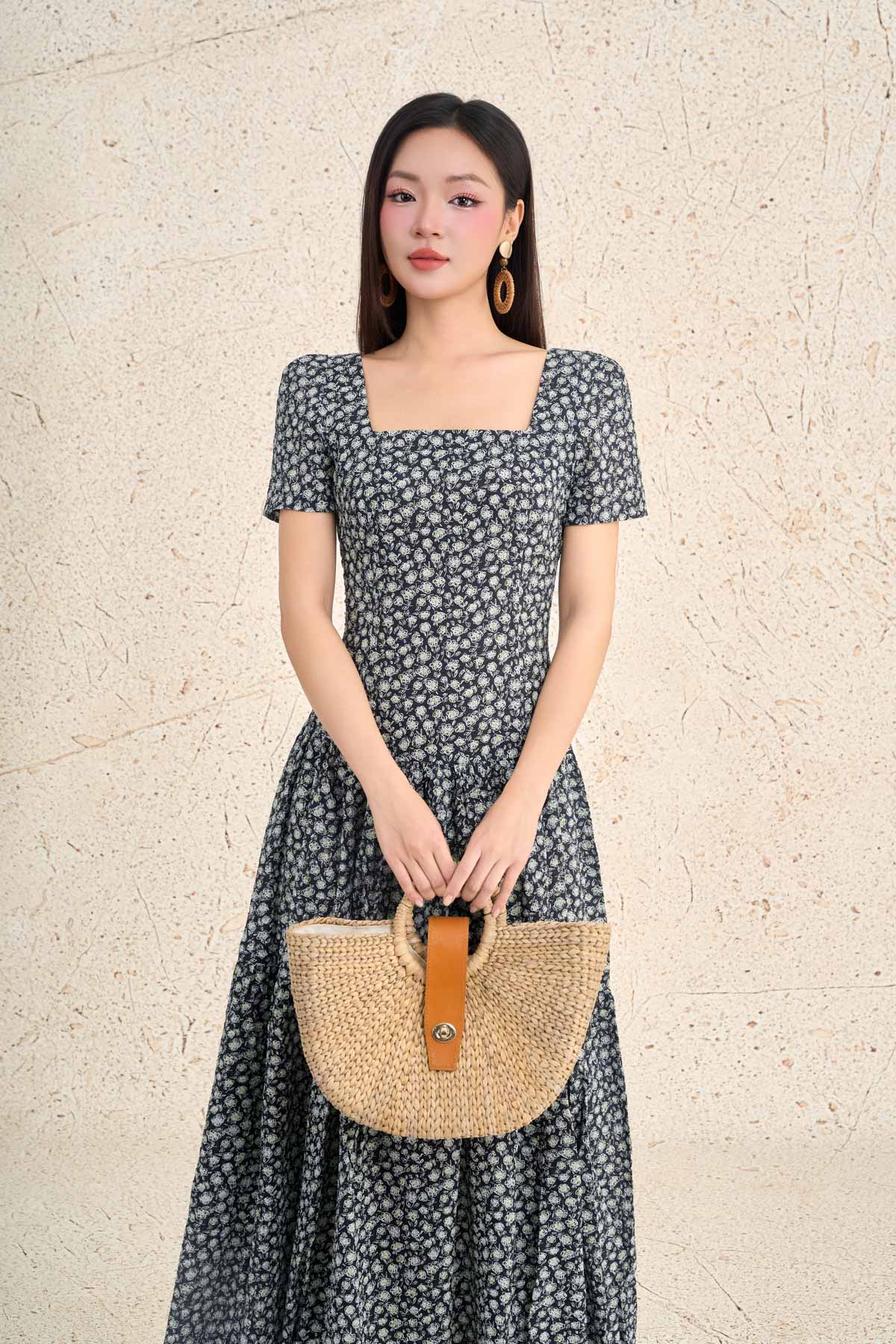 FDP13468 - Đầm dạo phố vải thô boi dáng ôm cổ vuông tay bồng nhẹ eo bo chun ôm thời trang - PANTIO