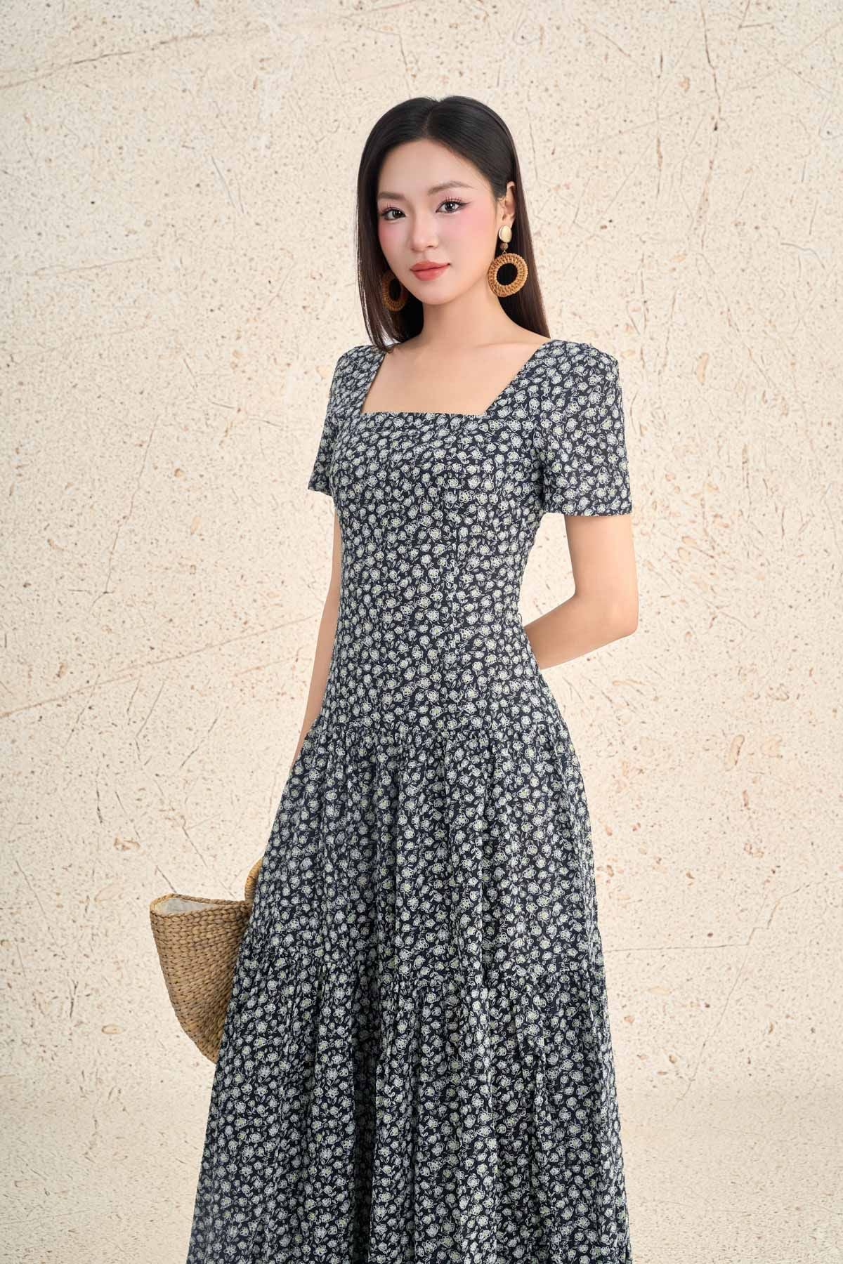 FDP13468 - Đầm dạo phố vải thô boi dáng ôm cổ vuông tay bồng nhẹ eo bo chun ôm thời trang - PANTIO