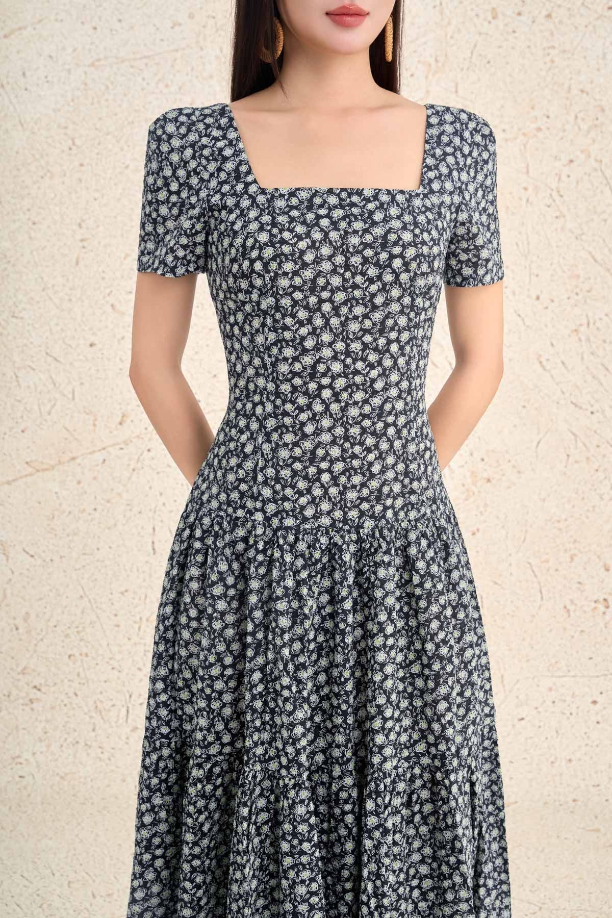 FDP13468 - Đầm dạo phố vải thô boi dáng ôm cổ vuông tay bồng nhẹ eo bo chun ôm thời trang - PANTIO