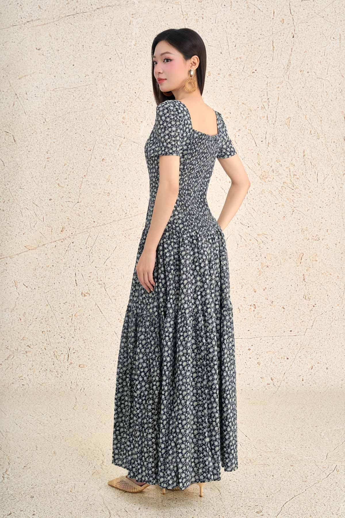 FDP13468 - Đầm dạo phố vải thô boi dáng ôm cổ vuông tay bồng nhẹ eo bo chun ôm thời trang - PANTIO