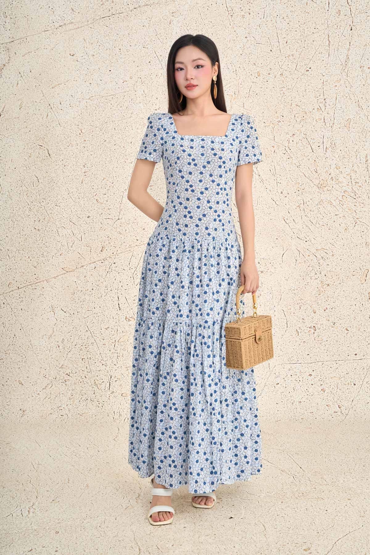 FDP13468 - Đầm dạo phố vải thô boi dáng ôm cổ vuông tay bồng nhẹ eo bo chun ôm thời trang - PANTIO