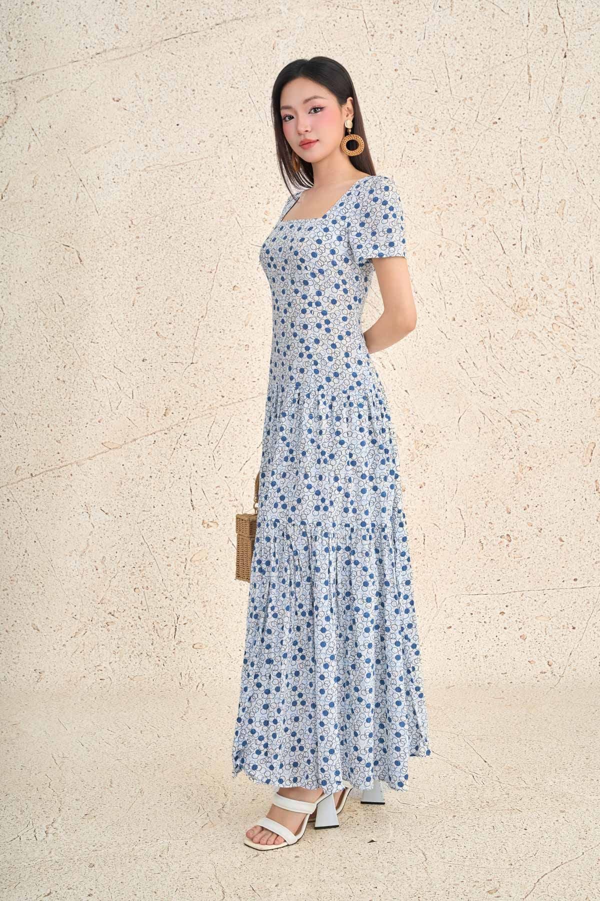 FDP13468 - Đầm dạo phố vải thô boi dáng ôm cổ vuông tay bồng nhẹ eo bo chun ôm thời trang - PANTIO