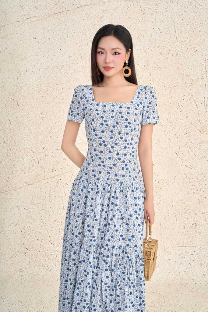 FDP13468 - Đầm dạo phố vải thô boi dáng ôm cổ vuông tay bồng nhẹ eo bo chun ôm thời trang - PANTIO