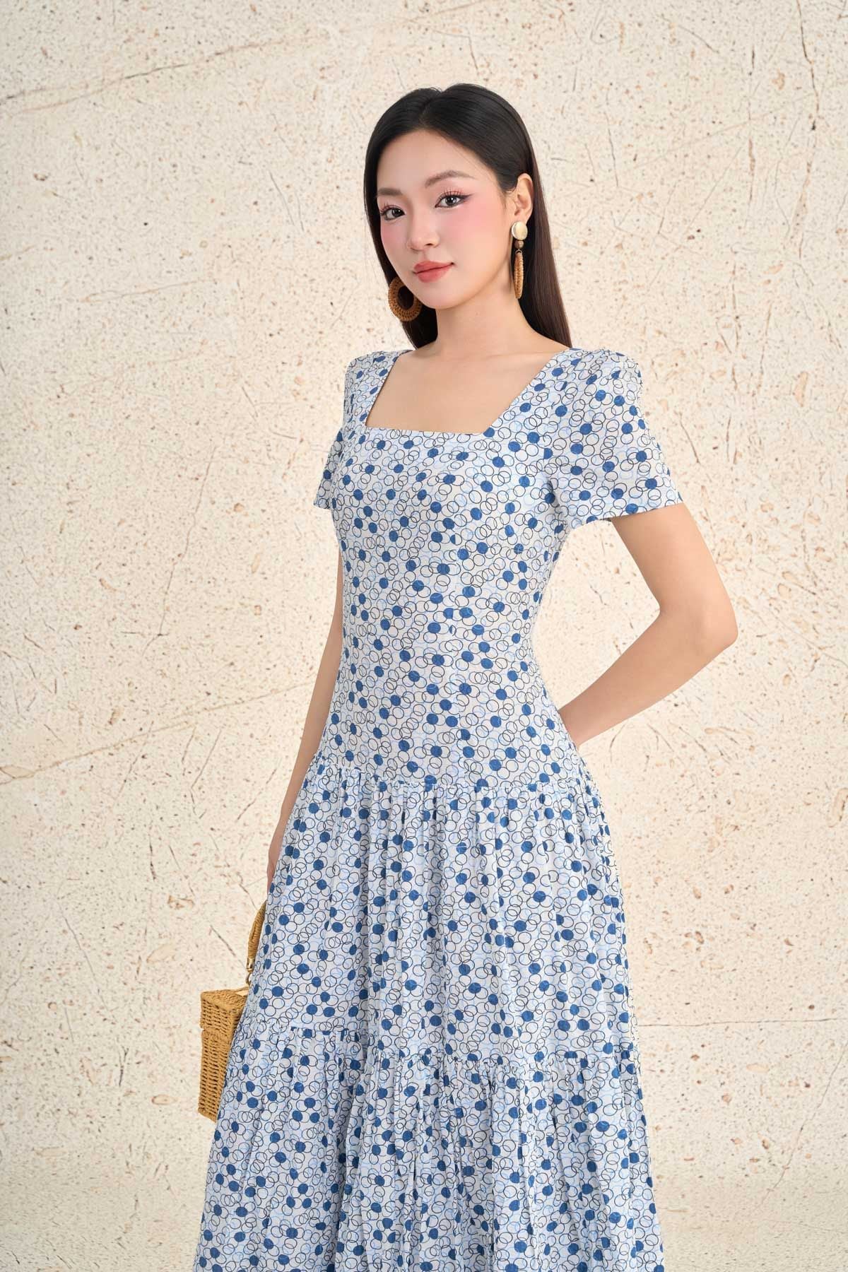 FDP13468 - Đầm dạo phố vải thô boi dáng ôm cổ vuông tay bồng nhẹ eo bo chun ôm thời trang - PANTIO