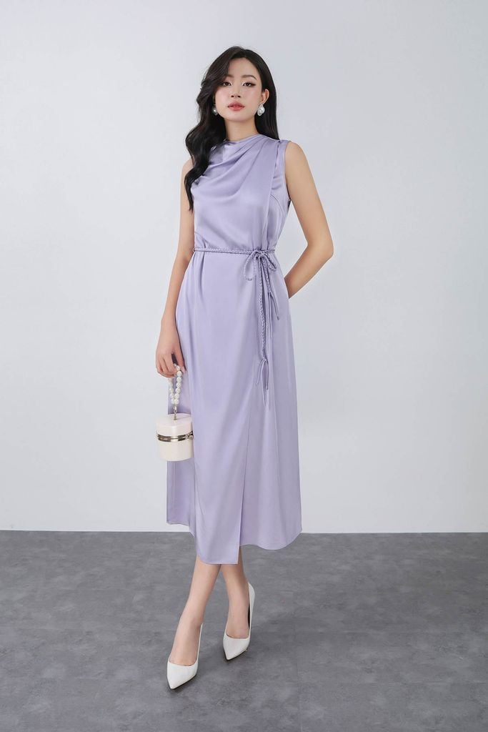 FDP13469 - Đầm dạo phố vải lụa satin dáng suông cổ kiểu xếp nhún eo phối dây thắt tạo kiểu - PANTIO