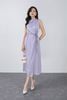 FDP13469 - Đầm dạo phố vải lụa satin dáng suông cổ kiểu xếp nhún eo phối dây thắt tạo kiểu - PANTIO