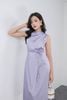 FDP13469 - Đầm dạo phố vải lụa satin dáng suông cổ kiểu xếp nhún eo phối dây thắt tạo kiểu - PANTIO