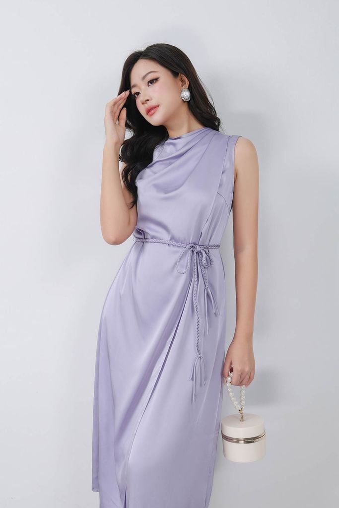 FDP13469 - Đầm dạo phố vải lụa satin dáng suông cổ kiểu xếp nhún eo phối dây thắt tạo kiểu - PANTIO