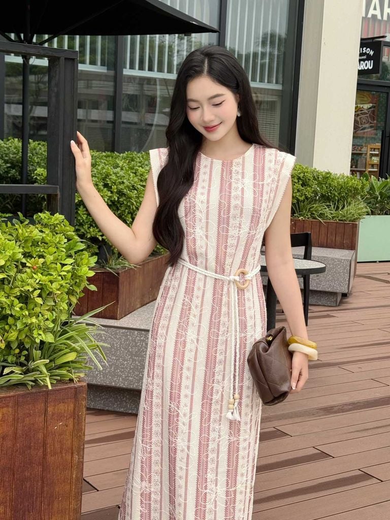 FDP13476 - Đầm dạo phố vải lưới hai lớp dáng suông cổ tròn vai chờm kèm dây thắt eo tạo kiểu - PANTIO