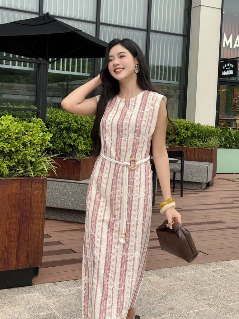 FDP13476 - Đầm dạo phố vải lưới hai lớp dáng suông cổ tròn vai chờm kèm dây thắt eo tạo kiểu - PANTIO
