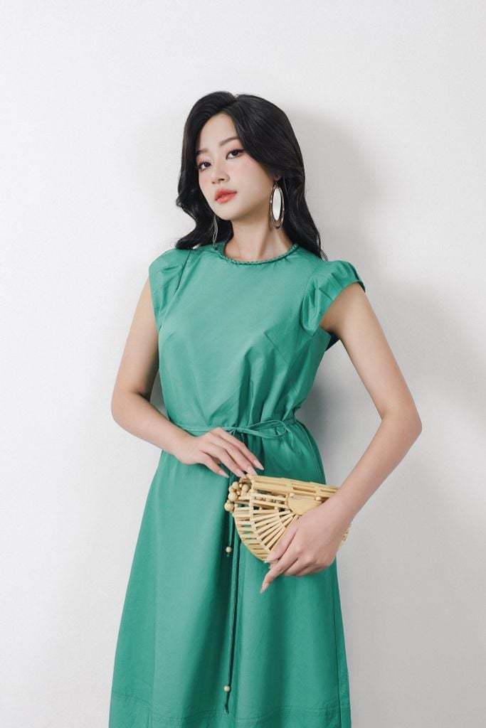 FDP13493 - Đầm dạo phố vải thô kate dáng suông cổ tròn viền tết tạo kiểu tay chờm eo phối dây thắt nơ - PANTIO