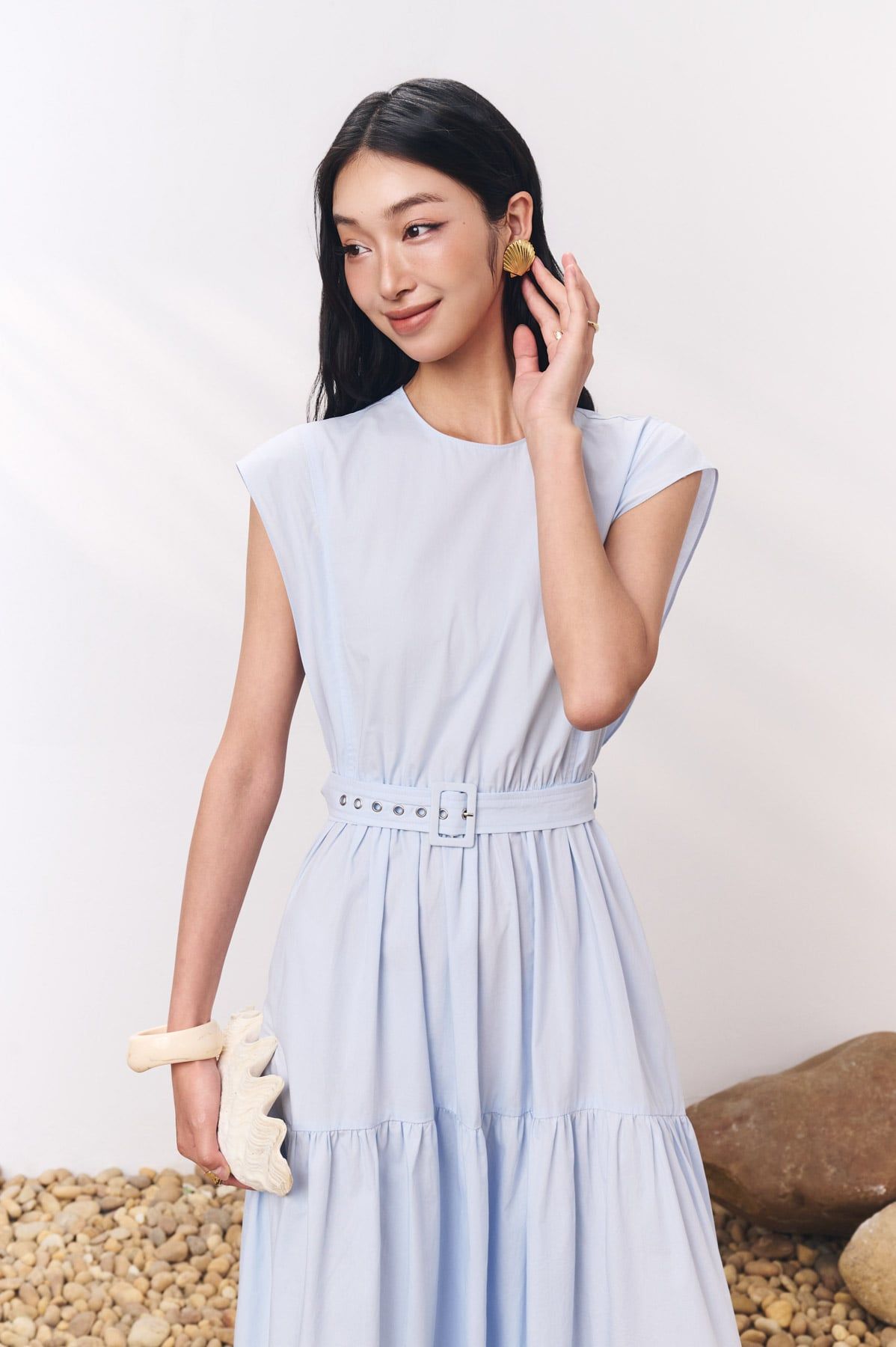 FDP13668 - Đầm dạo phố vải thô kate dáng chữ A cổ tròn tay chờm eo váy phối dây đai tạo kiểu - PANTIO