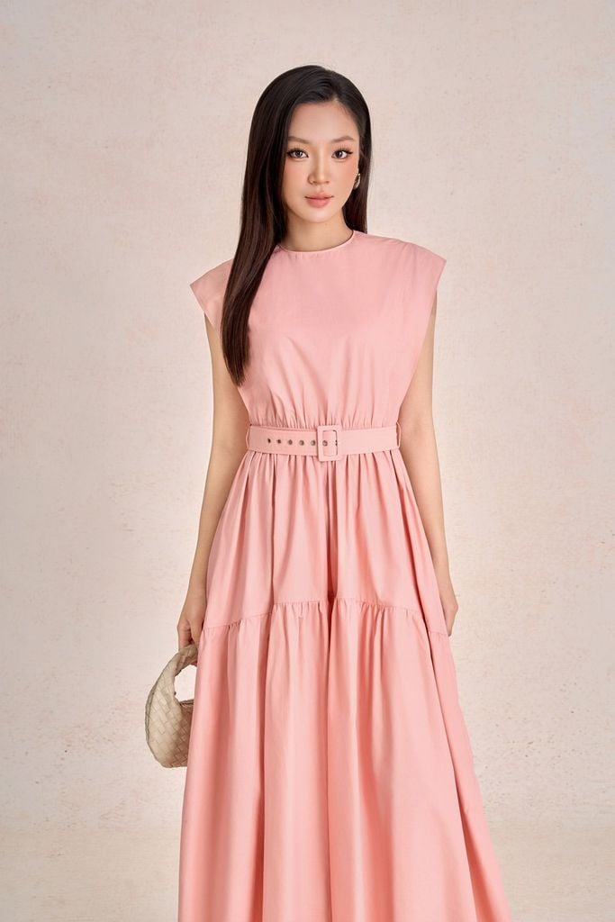 FDP13668 - Đầm dạo phố vải thô kate dáng chữ A cổ tròn tay chờm eo váy phối dây đai tạo kiểu - PANTIO
