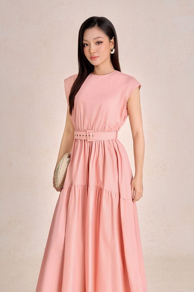 FDP13668 - Đầm dạo phố vải thô kate dáng chữ A cổ tròn tay chờm eo váy phối dây đai tạo kiểu - PANTIO