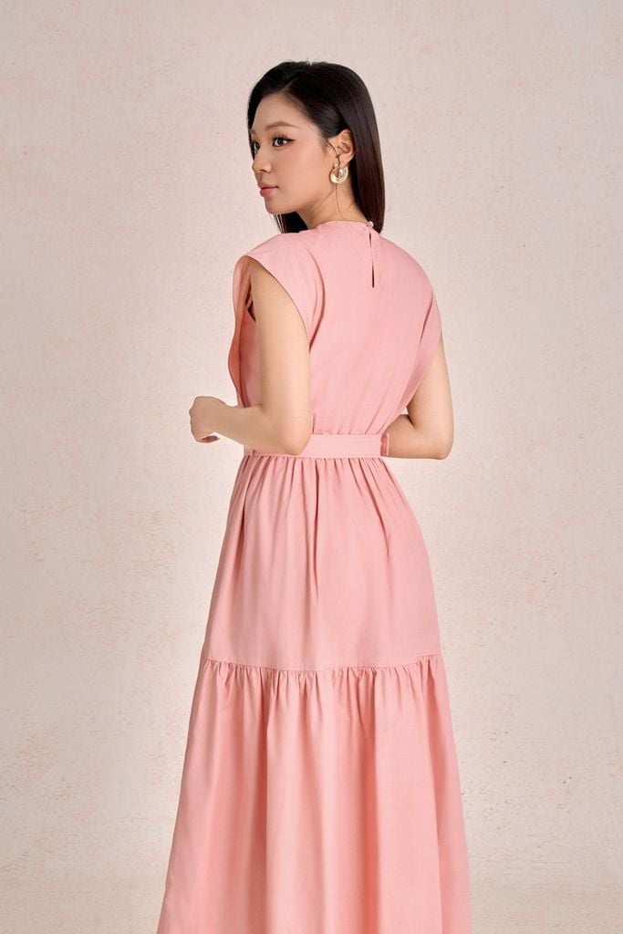 FDP13668 - Đầm dạo phố vải thô kate dáng chữ A cổ tròn tay chờm eo váy phối dây đai tạo kiểu - PANTIO
