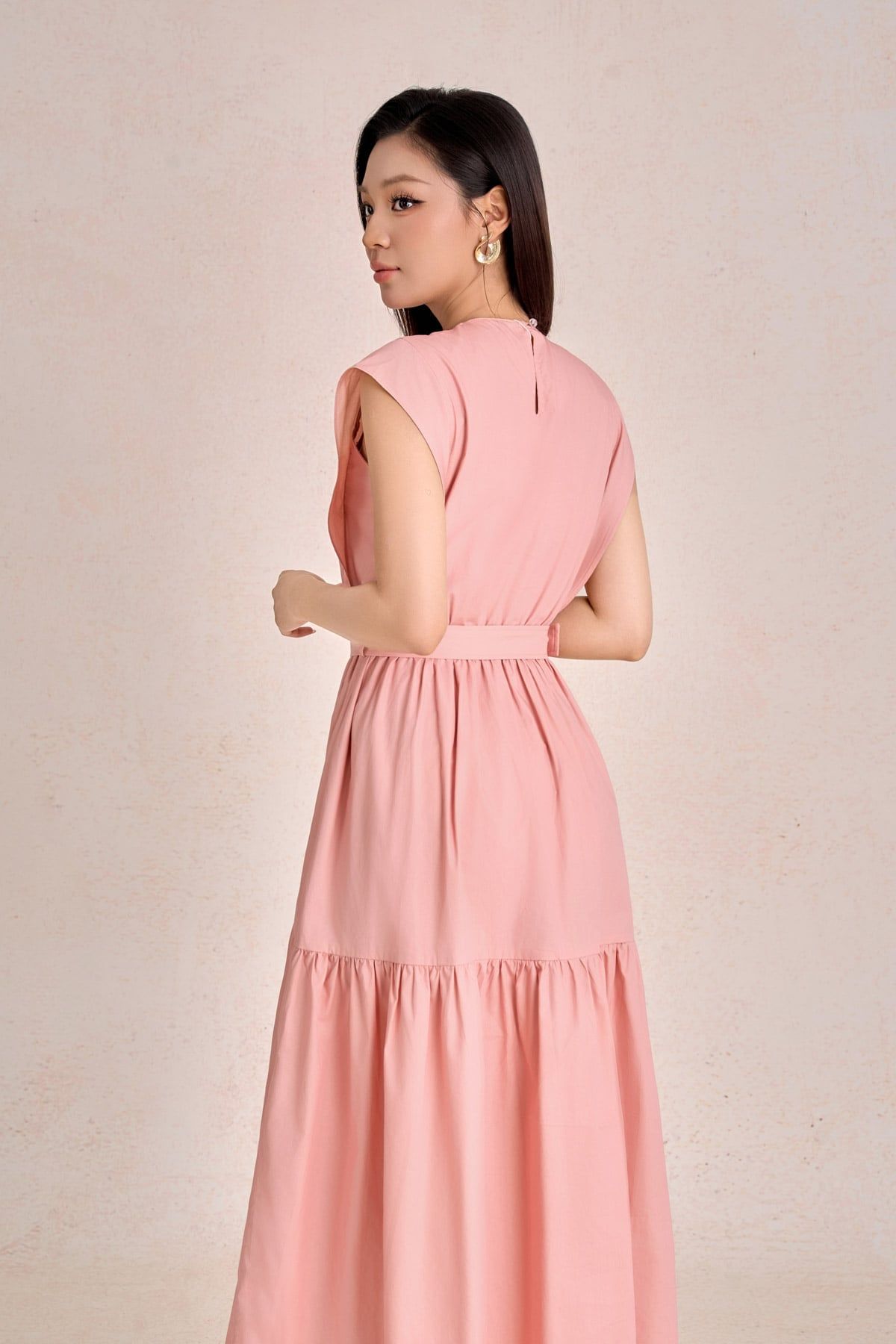 FDP13668 - Đầm dạo phố vải thô kate dáng chữ A cổ tròn tay chờm eo váy phối dây đai tạo kiểu - PANTIO
