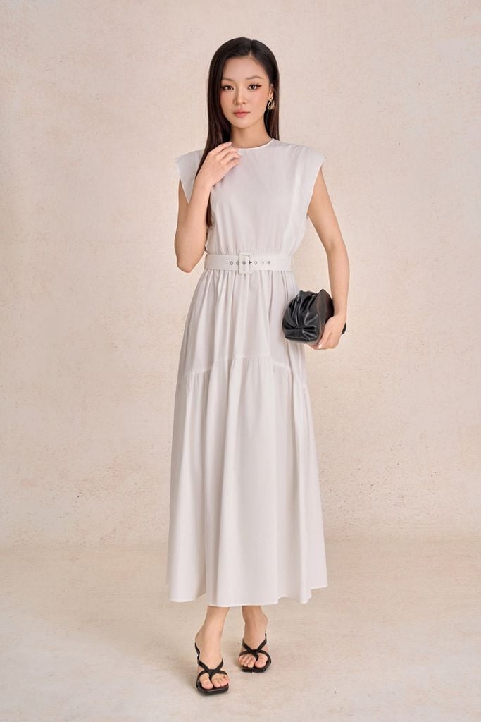 FDP13668 - Đầm dạo phố vải thô kate dáng chữ A cổ tròn tay chờm eo váy phối dây đai tạo kiểu - PANTIO