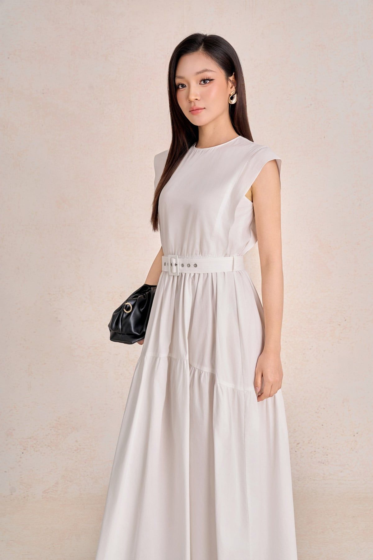 FDP13668 - Đầm dạo phố vải thô kate dáng chữ A cổ tròn tay chờm eo váy phối dây đai tạo kiểu - PANTIO
