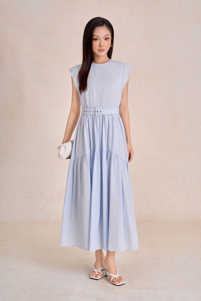 FDP13668 - Đầm dạo phố vải thô kate dáng chữ A cổ tròn tay chờm eo váy phối dây đai tạo kiểu - PANTIO