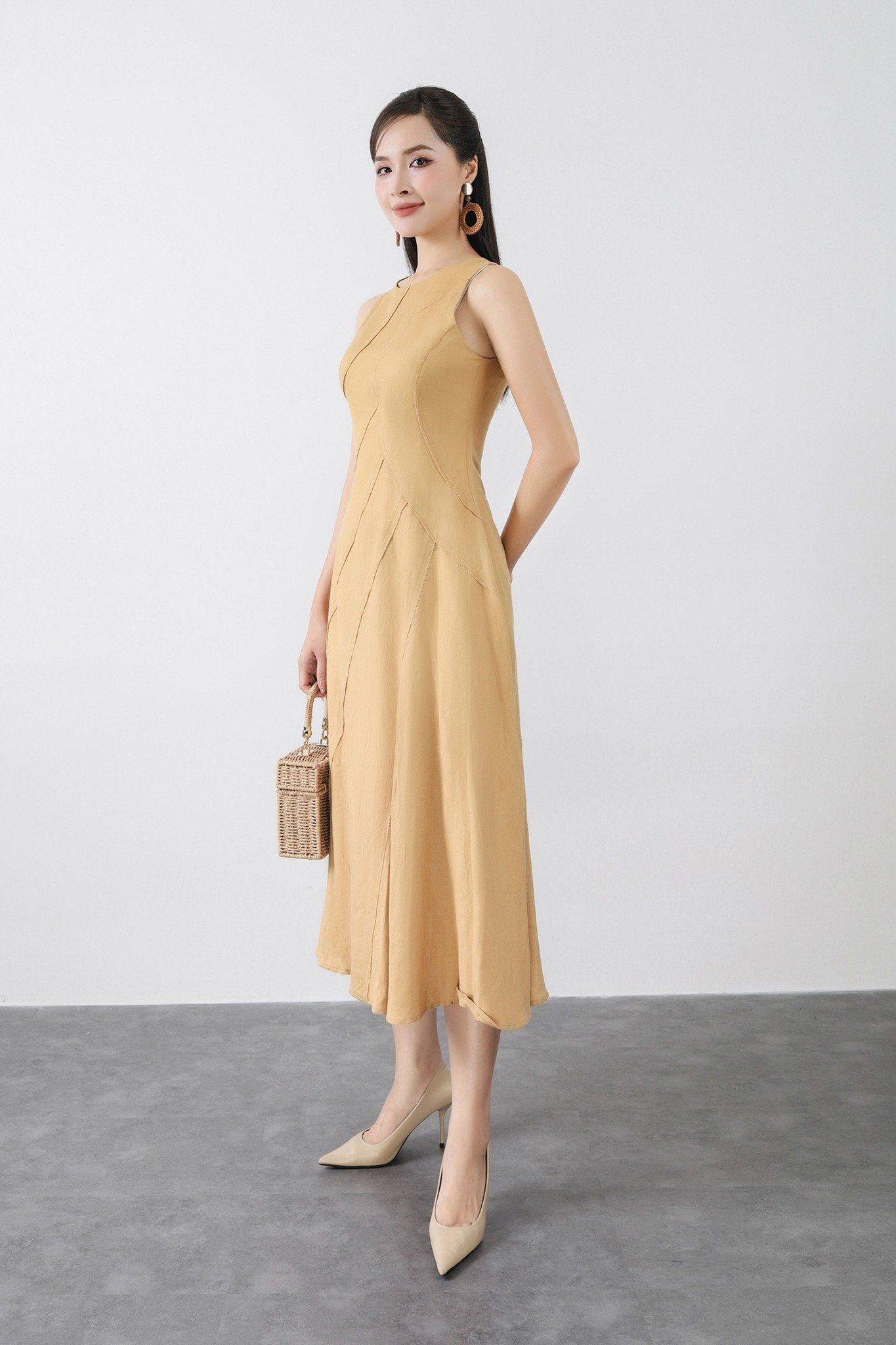 FDP33254 - tylekeo88 tv vải linen dáng xòe có lót vải habutai cổ tròn không tay thân phối nhiều đường rút tua rua khóa thân sau - tỷ lệ kèo 8899