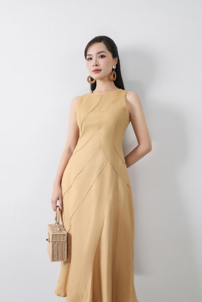 FDP33254 - tylekeo88 tv vải linen dáng xòe có lót vải habutai cổ tròn không tay thân phối nhiều đường rút tua rua khóa thân sau - tỷ lệ kèo 8899