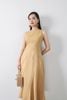 FDP33254 - tylekeo88 tv vải linen dáng xòe có lót vải habutai cổ tròn không tay thân phối nhiều đường rút tua rua khóa thân sau - tỷ lệ kèo 8899