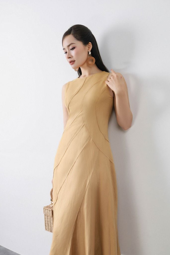 FDP33254 - tylekeo88 tv vải linen dáng xòe có lót vải habutai cổ tròn không tay thân phối nhiều đường rút tua rua khóa thân sau - tỷ lệ kèo 8899
