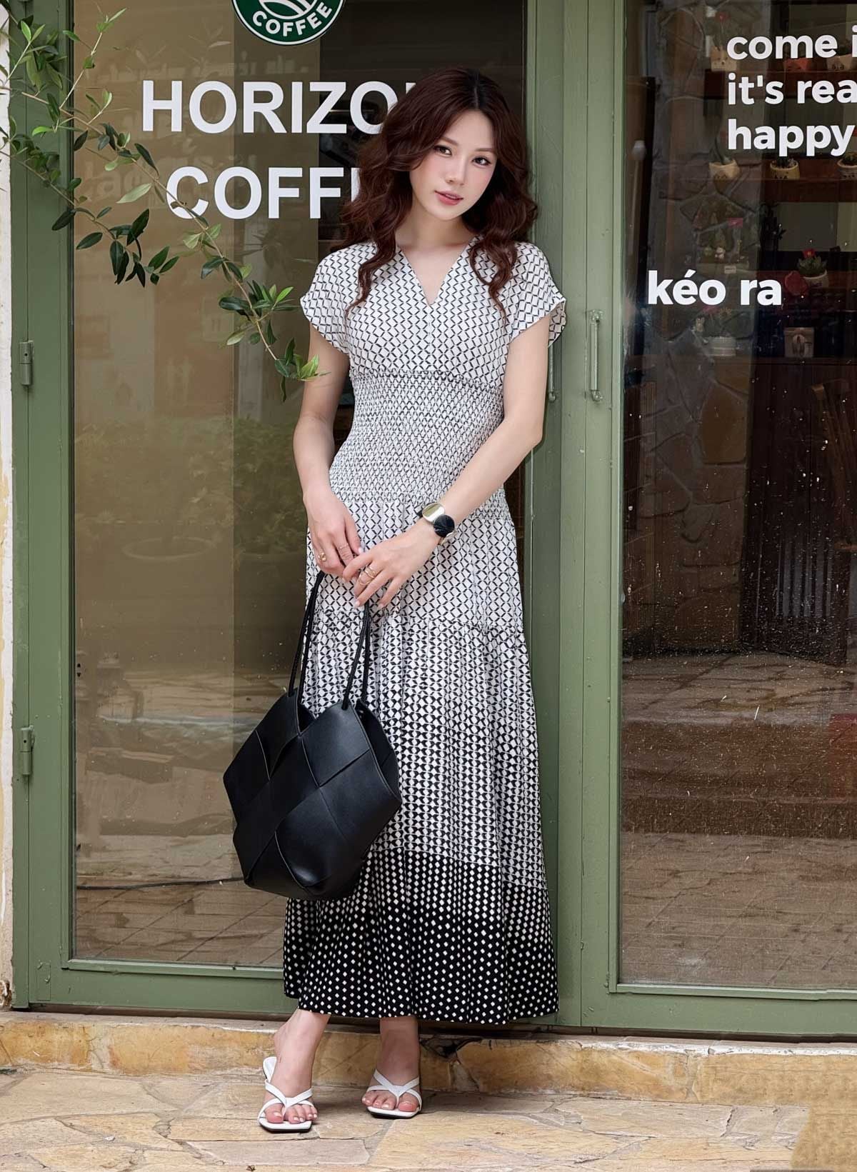 FDP33341 - tylekeo88 tv vải lanh hoạ tiết dáng ôm cổ xẻ V vai chờm eo bo chun ôm thân váy xếp tầng tạo kiểu - tỷ lệ kèo 8899