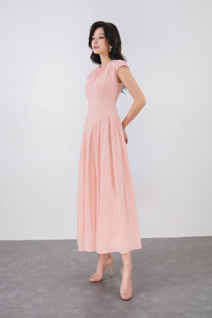 FDP33408 - Đầm dạo phố vải thô đũi dáng xoè cổ tròn xếp nhún vai chờm thân váy xếp ly bung tạo kiểu khoá thân sau - PANTIO