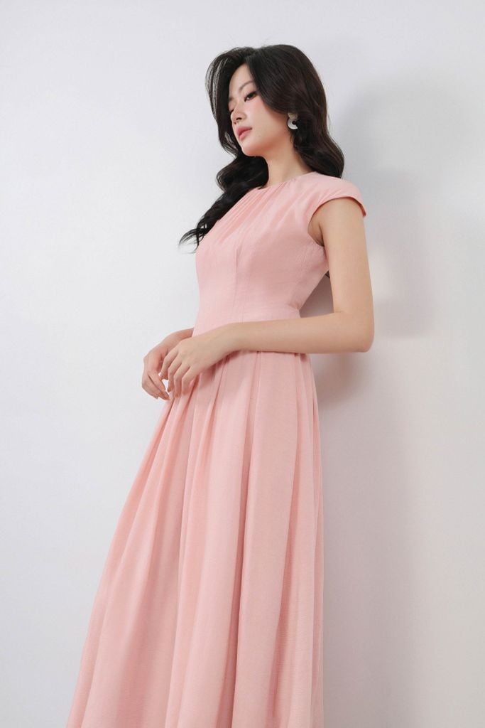 FDP33408 - Đầm dạo phố vải thô đũi dáng xoè cổ tròn xếp nhún vai chờm thân váy xếp ly bung tạo kiểu khoá thân sau - PANTIO