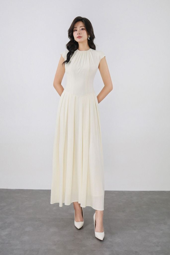 FDP33408 - Đầm dạo phố vải thô đũi dáng xoè cổ tròn xếp nhún vai chờm thân váy xếp ly bung tạo kiểu khoá thân sau - PANTIO