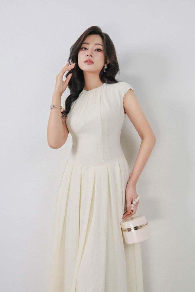 FDP33408 - Đầm dạo phố vải thô đũi dáng xoè cổ tròn xếp nhún vai chờm thân váy xếp ly bung tạo kiểu khoá thân sau - PANTIO