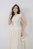 FDP33408 - Đầm dạo phố vải thô đũi dáng xoè cổ tròn xếp nhún vai chờm thân váy xếp ly bung tạo kiểu khoá thân sau - PANTIO