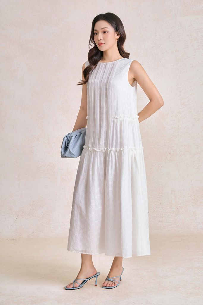 FDP33423 - Đầm dạo phố vải tơ dáng suông cổ tròn thân váy phối viền bèo tạo kiểu - PANTIO