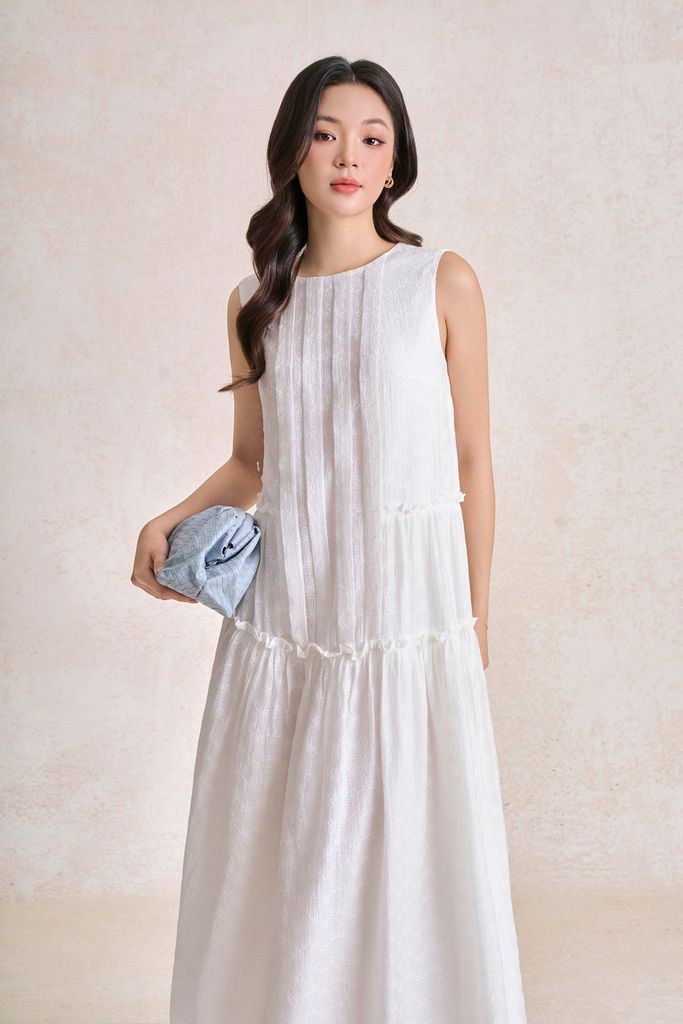 FDP33423 - Đầm dạo phố vải tơ dáng suông cổ tròn thân váy phối viền bèo tạo kiểu - PANTIO