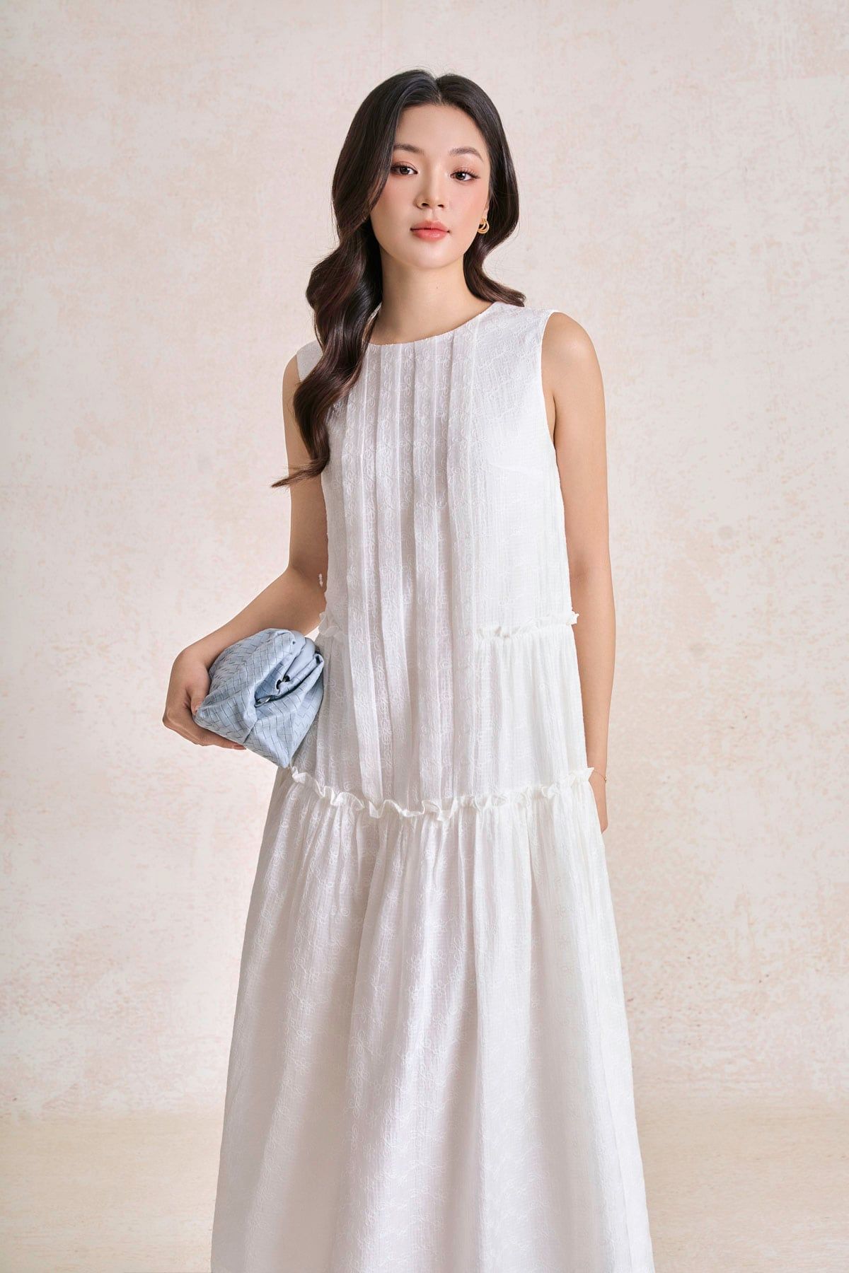FDP33423 - Đầm dạo phố vải tơ dáng suông cổ tròn thân váy phối viền bèo tạo kiểu - PANTIO