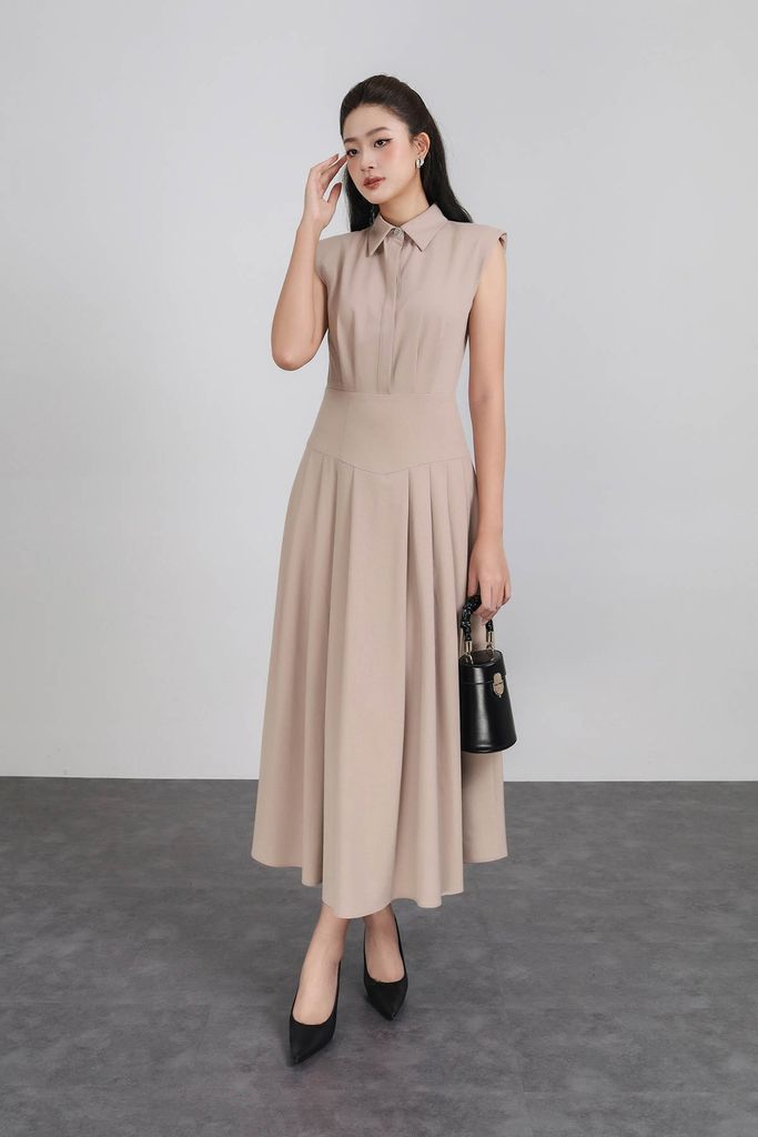 FDP33435 - Đầm dạo phố vải demin dáng Xoè cổ đức vai chờm eo đáp cạp bản to thân váy phối ly bung tạo kiểu khóa thân sau - PANTIO