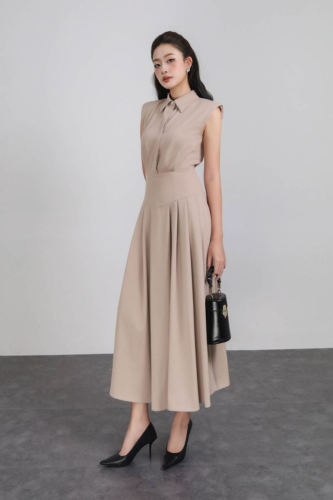 FDP33435 - Đầm dạo phố vải demin dáng Xoè cổ đức vai chờm eo đáp cạp bản to thân váy phối ly bung tạo kiểu khóa thân sau - PANTIO