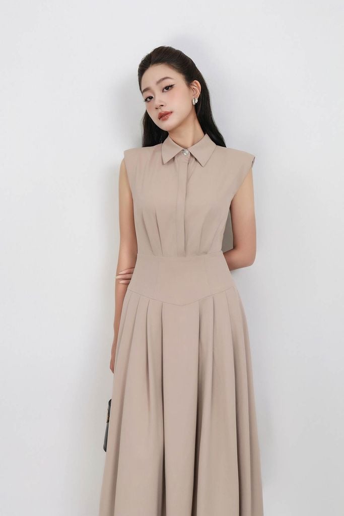 FDP33435 - Đầm dạo phố vải demin dáng Xoè cổ đức vai chờm eo đáp cạp bản to thân váy phối ly bung tạo kiểu khóa thân sau - PANTIO