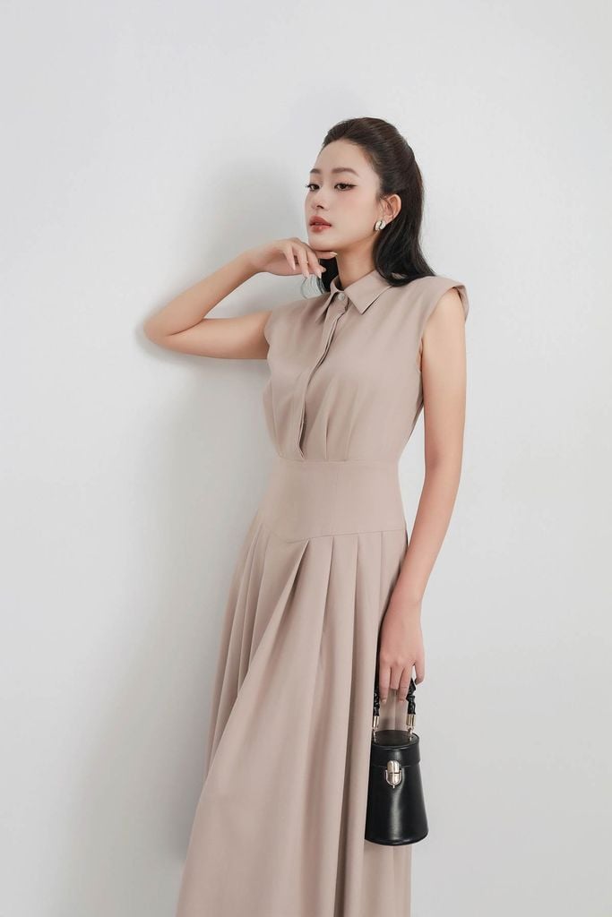 FDP33435 - Đầm dạo phố vải demin dáng Xoè cổ đức vai chờm eo đáp cạp bản to thân váy phối ly bung tạo kiểu khóa thân sau - PANTIO