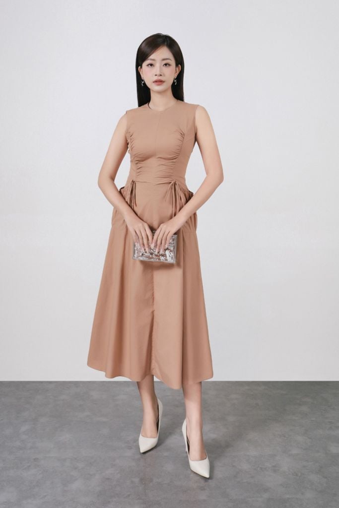 FDP33525 - Đầm dạo phố vải thô kate dáng ôm cổ tròn không tay eo váy rút dây tạo kiểu khoá thân sau - PANTIO