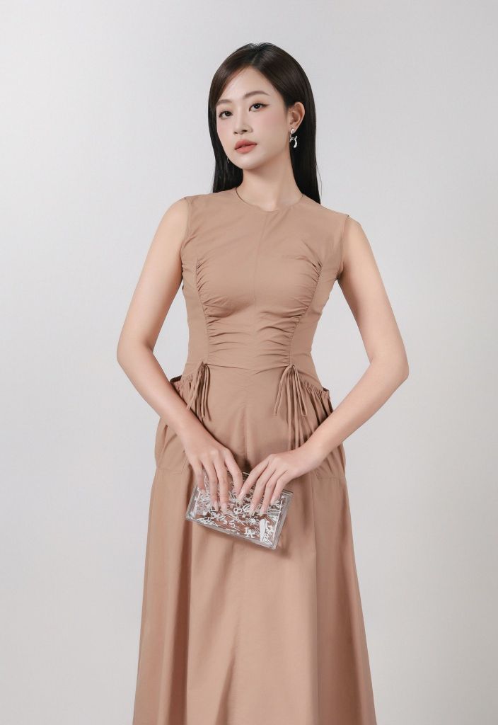 FDP33525 - Đầm dạo phố vải thô kate dáng ôm cổ tròn không tay eo váy rút dây tạo kiểu khoá thân sau - PANTIO