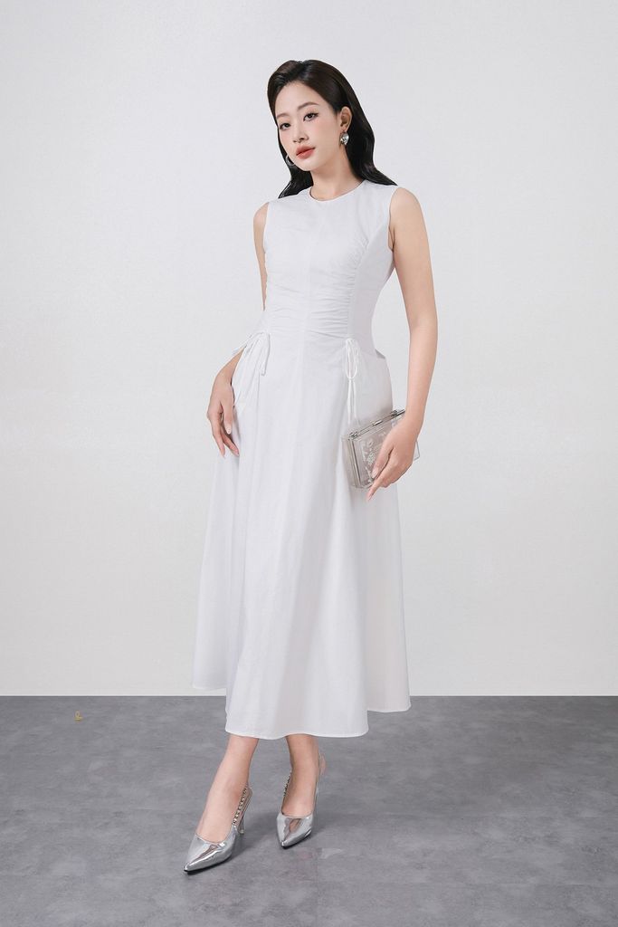 FDP33525 - Đầm dạo phố vải thô kate dáng ôm cổ tròn không tay eo váy rút dây tạo kiểu khoá thân sau - PANTIO