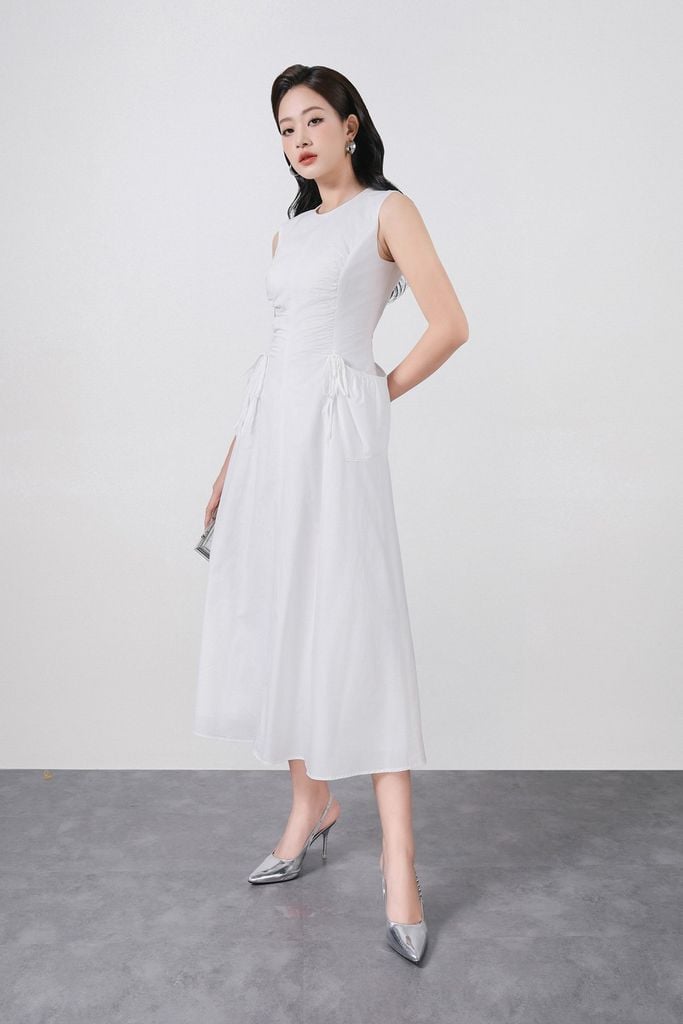 FDP33525 - Đầm dạo phố vải thô kate dáng ôm cổ tròn không tay eo váy rút dây tạo kiểu khoá thân sau - PANTIO