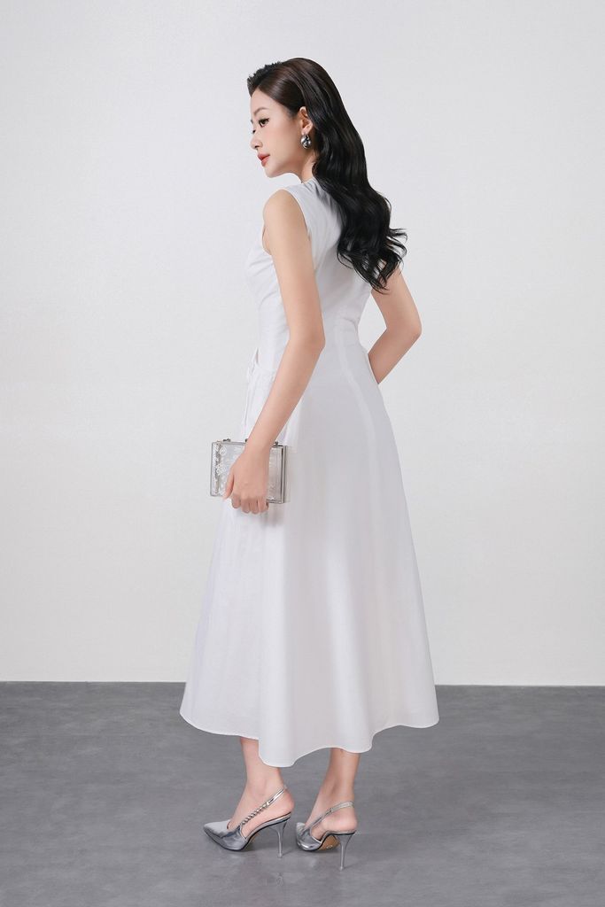 FDP33525 - Đầm dạo phố vải thô kate dáng ôm cổ tròn không tay eo váy rút dây tạo kiểu khoá thân sau - PANTIO