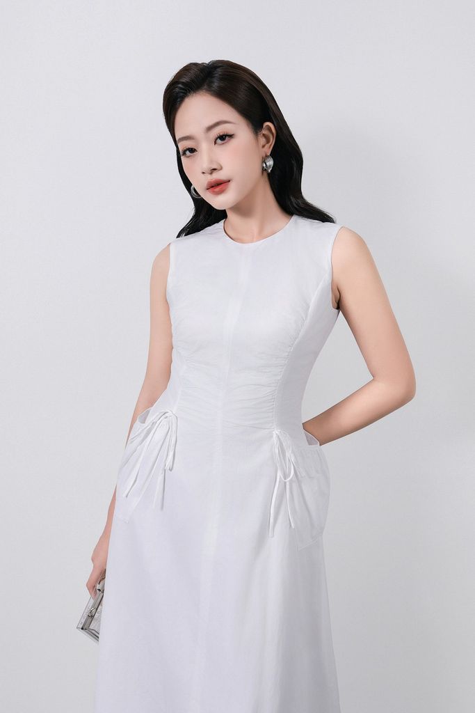 FDP33525 - Đầm dạo phố vải thô kate dáng ôm cổ tròn không tay eo váy rút dây tạo kiểu khoá thân sau - PANTIO