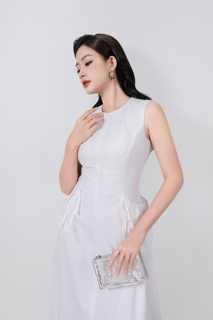 FDP33525 - Đầm dạo phố vải thô kate dáng ôm cổ tròn không tay eo váy rút dây tạo kiểu khoá thân sau - PANTIO