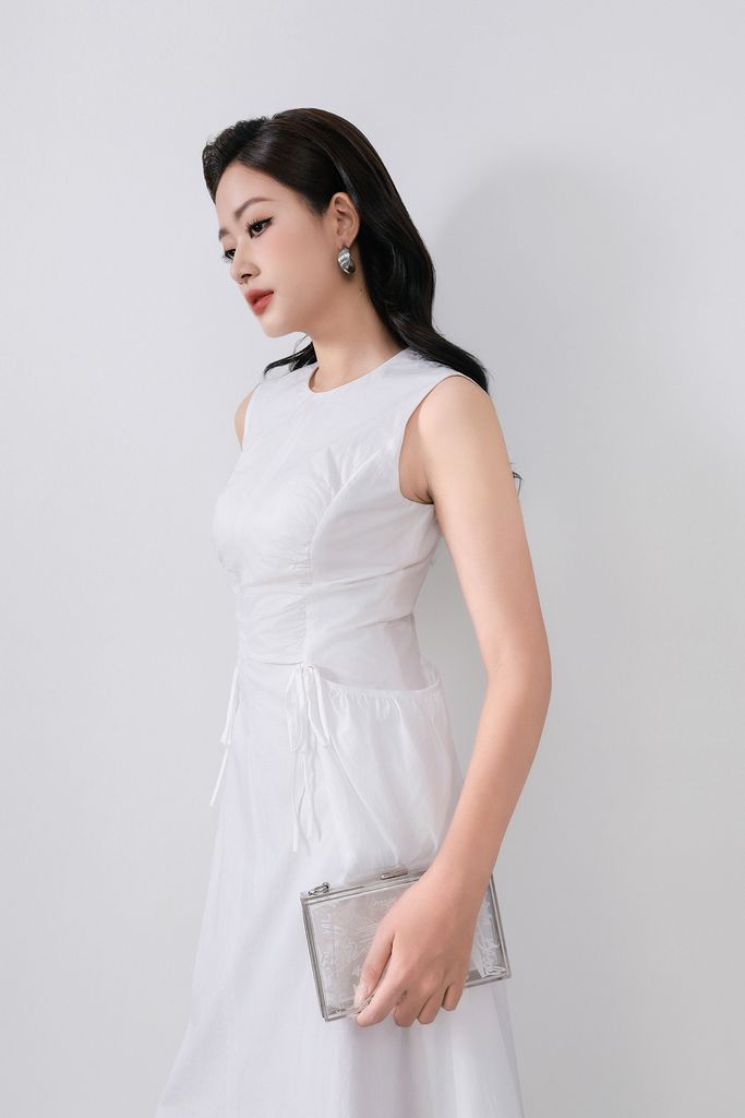 FDP33525 - Đầm dạo phố vải thô kate dáng ôm cổ tròn không tay eo váy rút dây tạo kiểu khoá thân sau - PANTIO